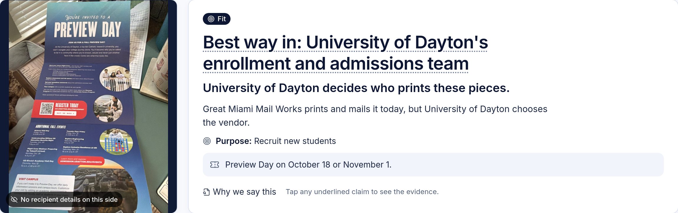 The top of the University of Dayton Call Card: the mailer photo, the best way in, and the purpose of the piece.