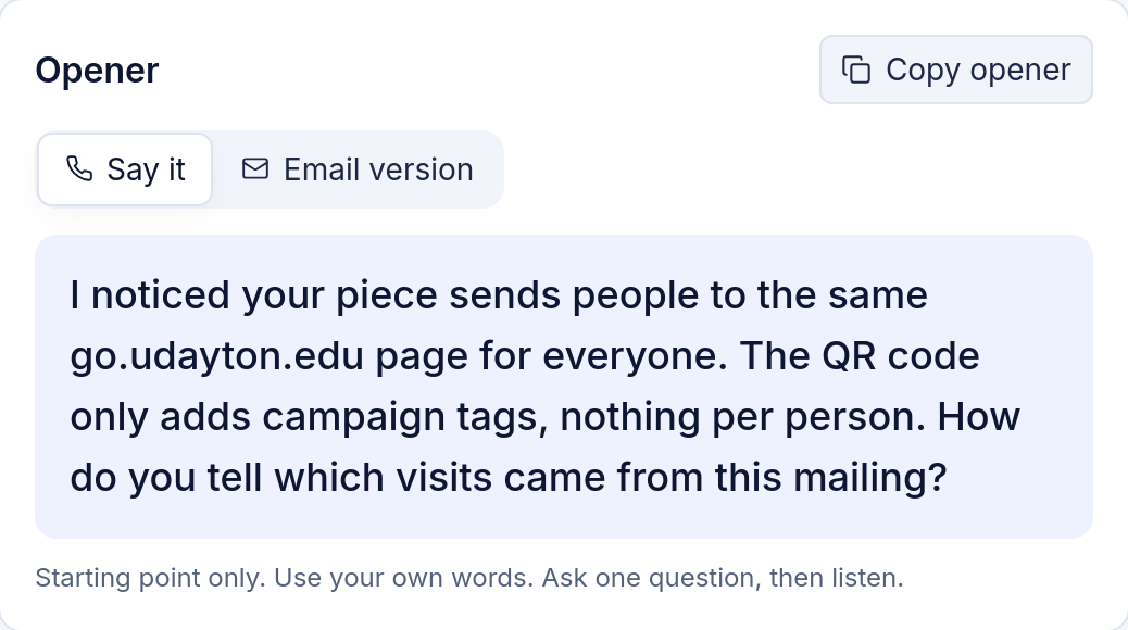 The opener on the Dayton Call Card: a question about where the piece sends people, with Say it and Email version tabs.
