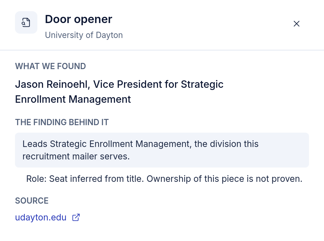 The evidence panel that opens when you tap Jason Reinoehl: what we found, why, and the source link.